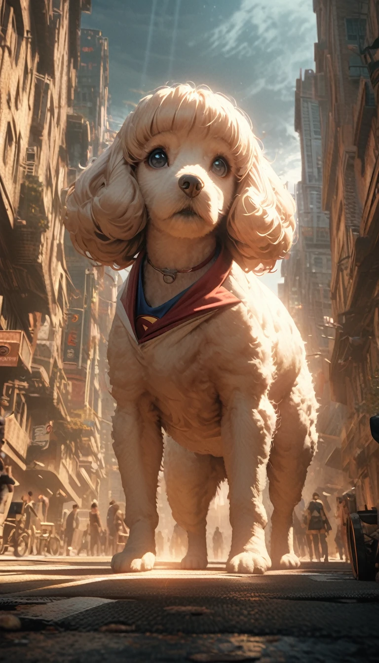 Low angle view,look up,A dog dressed as Superman flies over a city,Canon EOS R5,Photo Effects,Graininess,Luminous effect,Super Fine,Ultra-realistic,Realistic light and shadow contrast,True Ray Tracing,True Light Attenuation,True Light Reflection,poodle punk,Snapshot aesthetic style , High saturation,CG Art, Beautiful anime scene, Anime scenery, Detailed landscape, , Highlight details