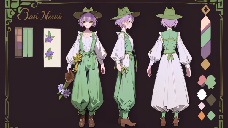 (Masterpiece, best quality), detailed, 1 gardener woman, ((character concept art)), ((character design sheet, reference sheet, same character, front, side, back)), full body, body complete, 1 gardener female, 1 gardener women. Character design sheet full body, Highly detailed, character sheet, character design, Many parts, pale skin, green eyes, short purple hair, male hairstyle, short male hair, lavender flower, lavender flower reference, lavender flower character reference, lavender flower inspired, flat chest, garden hat, gardening hat, pants, Ecofashion, Ecopunk, Ecology, Earthy clothing, gardening clothing, gardening, garden, Solarpunk, Solarpunk reference, Solarpunk inspired, cottagecore aesthetic, cottagecore, pants, gold details, pastel purple, green and brown color palette for the clothes.