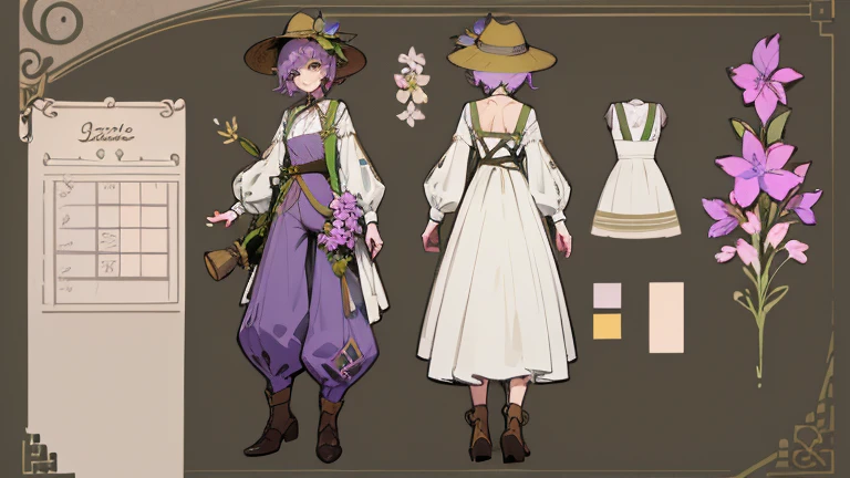 (Masterpiece, best quality), detailed, 1 gardener woman, ((character concept art)), ((character design sheet, reference sheet, same character, front, side, back)), full body, body complete, 1 gardener female, 1 gardener women. Character design sheet full body, Highly detailed, character sheet, character design, Many parts, pale skin, green eyes, short purple hair, male hairstyle, short male hair, lavender flower, lavender flower reference, lavender flower character reference, lavender flower inspired, flat chest, garden hat, gardening hat, pants, Ecofashion, Ecopunk, Ecology, Earthy clothing, gardening clothing, gardening, garden, Solarpunk, Solarpunk reference, Solarpunk inspired, cottagecore aesthetic, cottagecore, pants, gold details, pastel purple, green and brown color palette for the clothes.