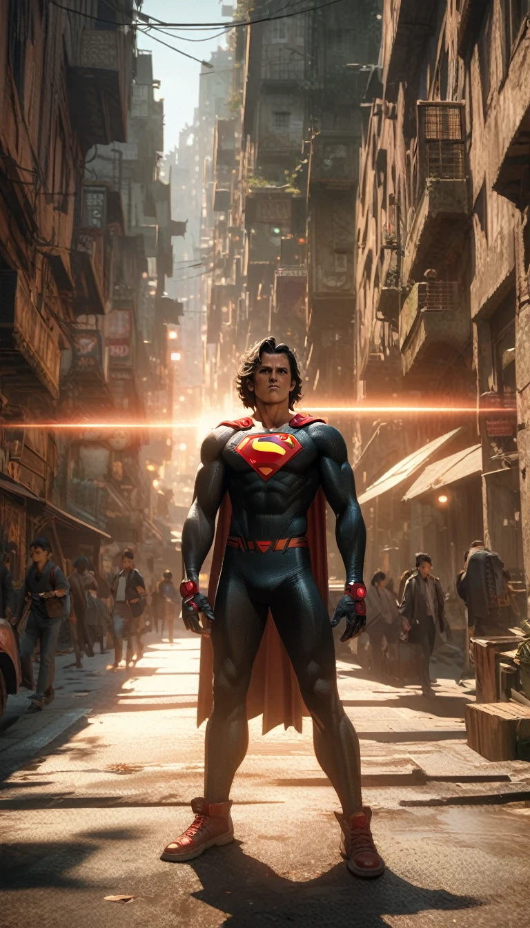 Low angle view,look up,A dog dressed as Superman flies over a city,Canon EOS R5,Photo Effects,Graininess,Luminous effect,Super Fine,Ultra-realistic,Realistic light and shadow contrast,True Ray Tracing,True Light Attenuation,True Light Reflection,poodle punk,Snapshot aesthetic style , High saturation,CG Art, Beautiful anime scene, Anime scenery, Detailed landscape, , Highlight details