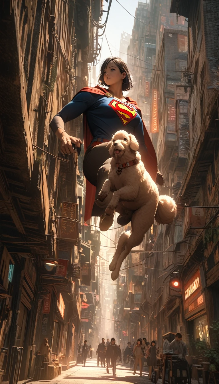 Low angle view，look up，A dog dressed as Superman flies over a city，Canon EOS R5，Photo Effects，Graininess，Luminous effect，Super Fine，Ultra-realistic，Realistic light and shadow contrast，True Ray Tracing，True Light Attenuation，True Light Reflection，poodle punk，Snapshot aesthetic style ， High saturation，CG Art，  Beautiful anime scene, Anime scenery, Detailed landscape, , Highlight details