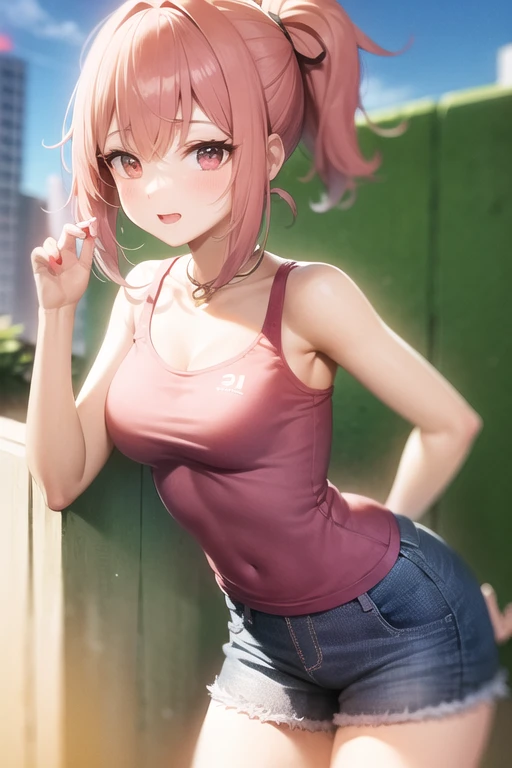 create an anime girl in a short denim skirt and a pink tank top 21 years old in an urban landscape