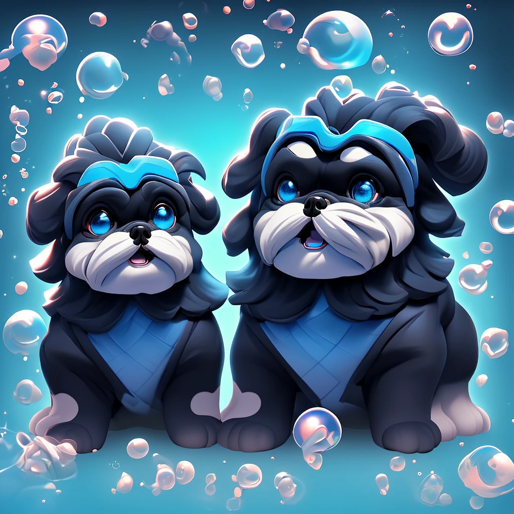 2 black Shih Tzu puppies with blue eyes, wearig goggles, covered in shampoo bubbles, happy, playful, excited, vibrant bubbles in back ground