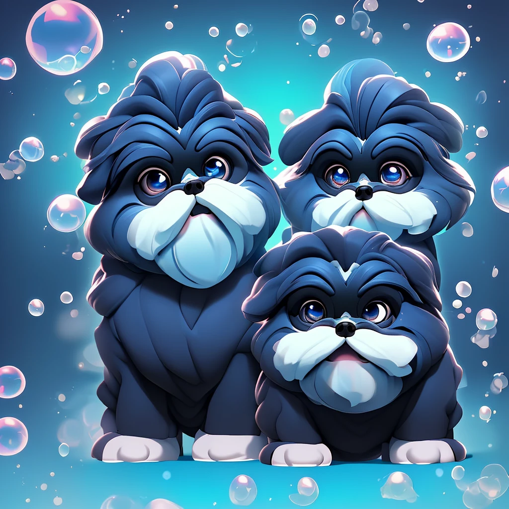2 black Shih Tzu puppies with blue eyes, wearig goggles, covered in shampoo bubbles, happy, playful, excited, vibrant bubbles in back ground