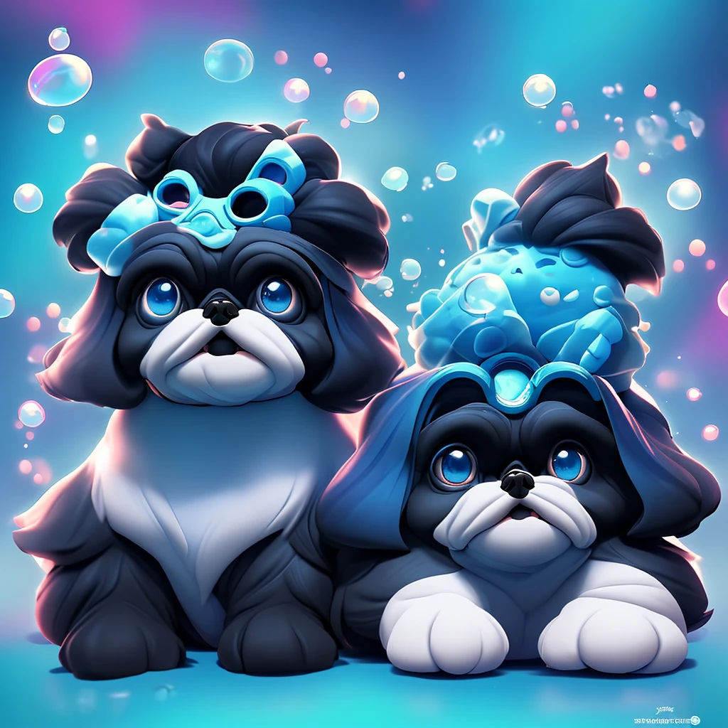 2  black Shih Tzu puppies with blue eyes, wearig goggles,  covered in shampoo bubbles, happy, playful, excited, vibrant bubbles in back ground
