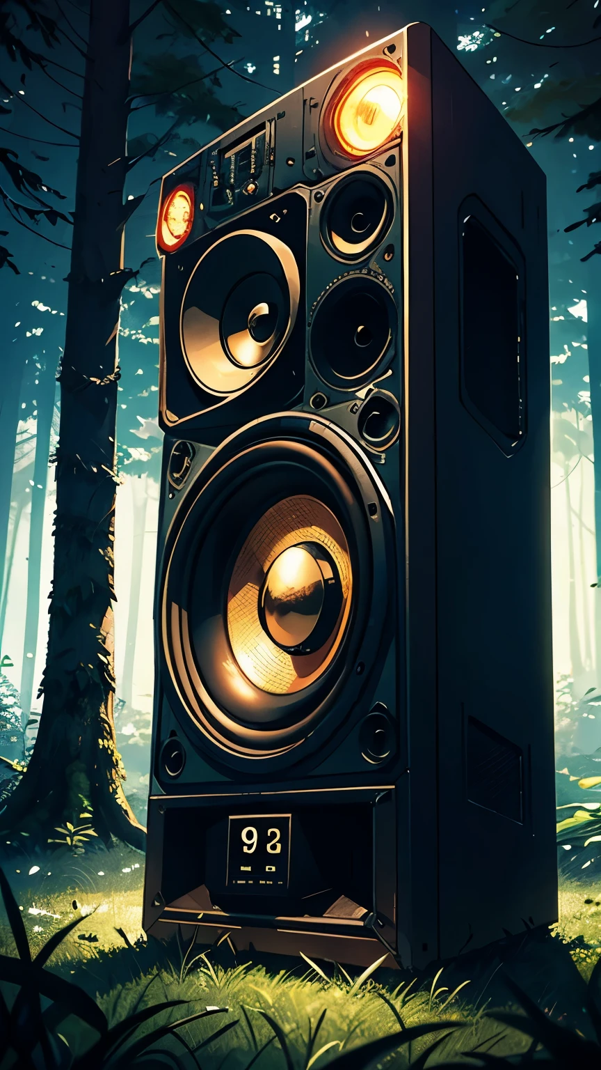 reate a hand-drawn 9:16 art for a rave party with lots of speakers spread across the forest style Steampunk 8k