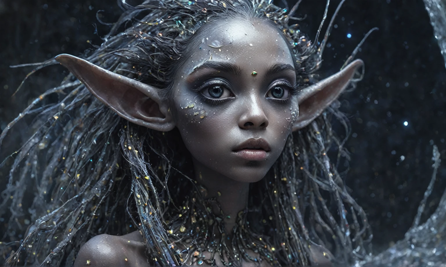 pretty face,eyebrow up,full body length shot,obsidian elf,full body length shot,very beggar niobium graphite The Alien Entity, babychild, wants eat,full body shot, of psychedelic style ,The iris looks weird, attractive, The stars in space is reflected in the pupil, goose down eyelashes, long wavy luminescent hair,insane baggy clothes,view from height,full-body-shot,High contrast,Masterpiece,Realistic,Ultra Detailed,intricate details,realistic humid skin,extremly intricate,realism,photorealism, cinematic style,irina yermolova,HDR,((Wangechi Quality)),ominous landscape,glate gray atmosphere,by art Simon Stalenhag,Nicola Samori,(((Wangechi Mutu))),prime colors,urban,extremely detailed,masterpiece,intricate details,faded,eyes extremely detailed, high detailed eyes,4k resolution,RAW, Nikon Z9,scary town,stalker,goblin,Dubai of United Arab Emirates,Mestichino,Light particles,marble leather ,ink photography ,Mestichino,Light particles,chaos