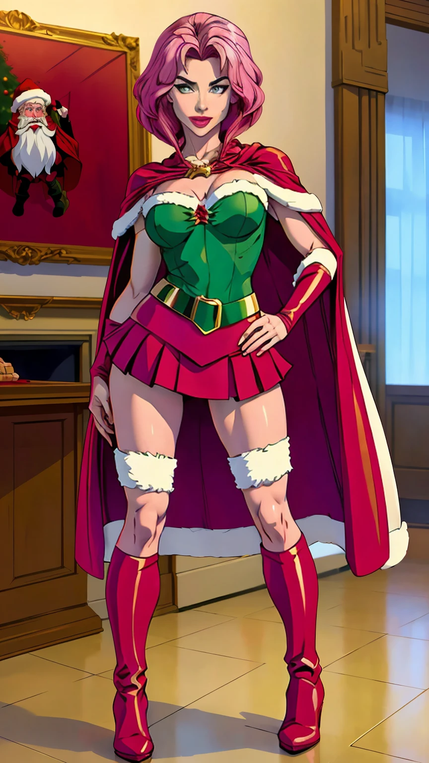 ((Full body photo, standing, feet on the floor)) ((best quality)), ((masterpiece)), (detailed),High quality, Ultra detailed, best quality, insanely detailed, beautiful, masterpiece, pink hair,green eyes, Caucasian, glamorous woman, warrior, Santa attire,bob cut,mini skirt, heeled boots, red cape, fluffy cape,

