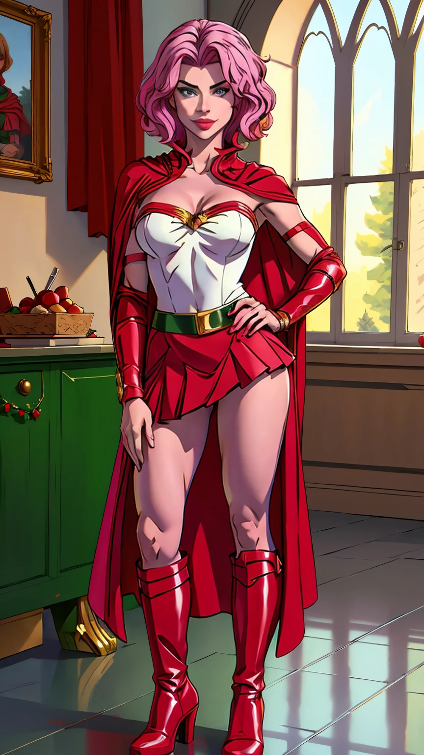((Full body photo, standing, feet on the floor)) ((best quality)), ((masterpiece)), (detailed),High quality, Ultra detailed, best quality, insanely detailed, beautiful, masterpiece, pink hair,green eyes, Caucasian, glamorous woman, warrior, Santa attire,bob cut,mini skirt, heeled boots, red cape, fluffy cape,