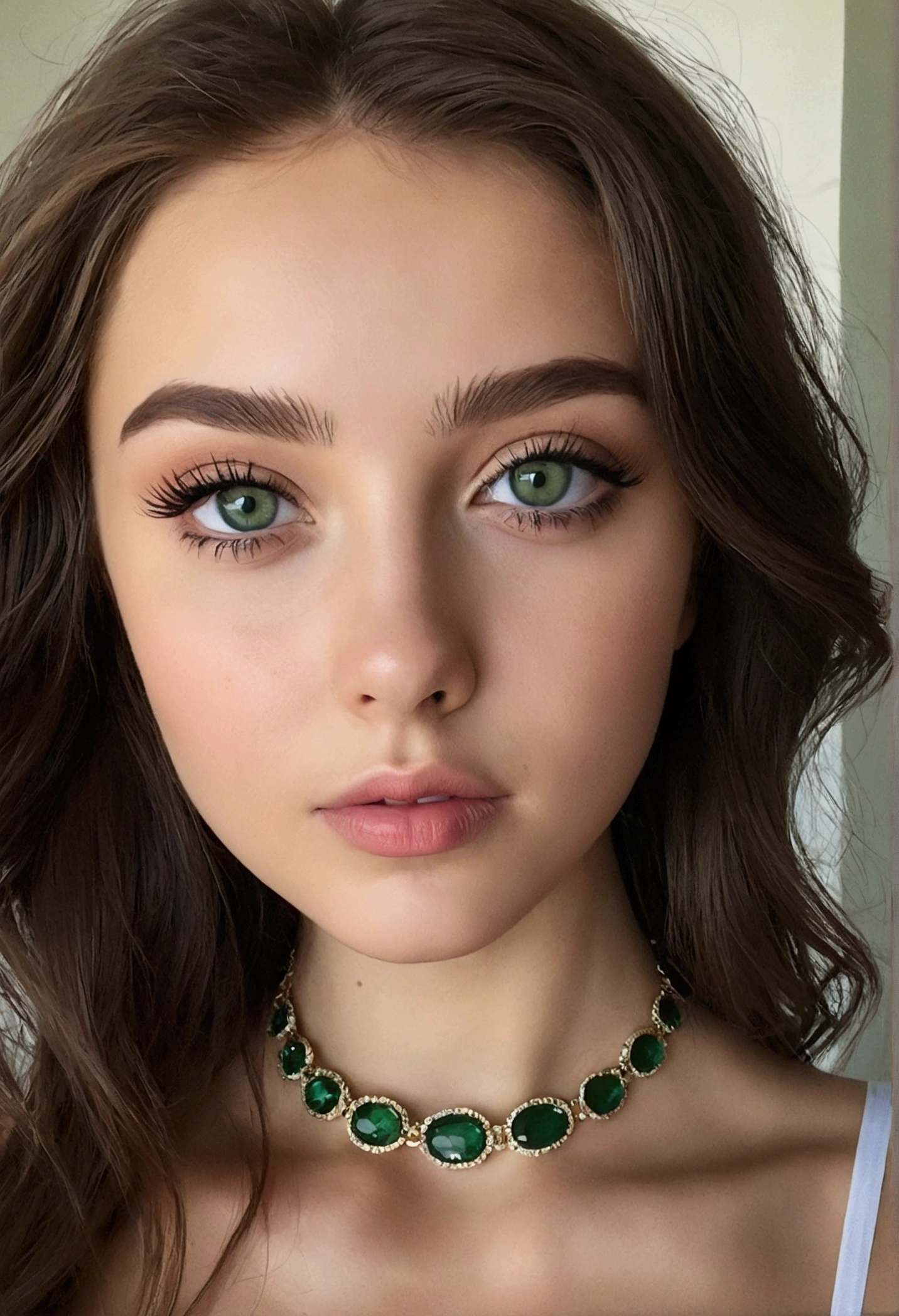 femme arafée avec un débardeur blanc et un collier, Fille sexy aux yeux verts, portrait sophie mudd, cheveux bruns et grands yeux, selfie d'une jeune femme, yeux de la chambre, violette myers, sans maquillage, maquillage naturel, regarder directement la caméra, visage avec artgram, maquillage subtil, superbe photo de tout le corps, yeux verts perçants