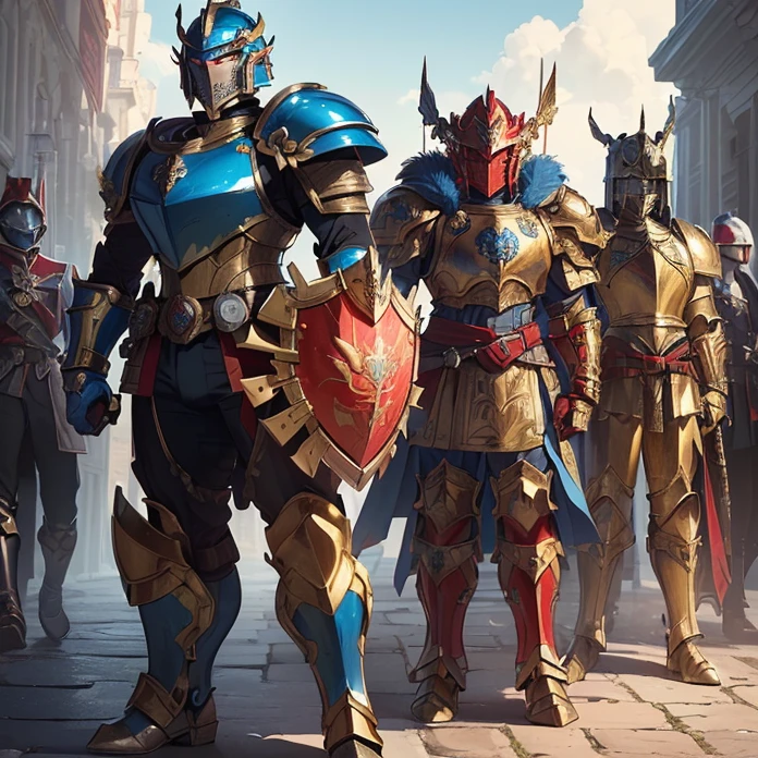 (Master piece, absurdres, best high quality image, high fantasy genre, carefully detailed textures, detailed image and background, warhammer 40k aesthetic, full body view)
{{(1character: male super soldier knight: (blue and red bulky armor, golden lion head knight-helmet, helmet's face green lined visor, blue neck armor, blue cuirass, golden lion's head symbol on cuirass, red shoulder plates with blue trims, red elbow plates, blue arm plates, blue gauntlets, red belt, red hip armor, blue armor boots, red knee plates, golden lion sword, silver sword blade), (standing firmly on guard around, confident pose), (modern british city street))}}