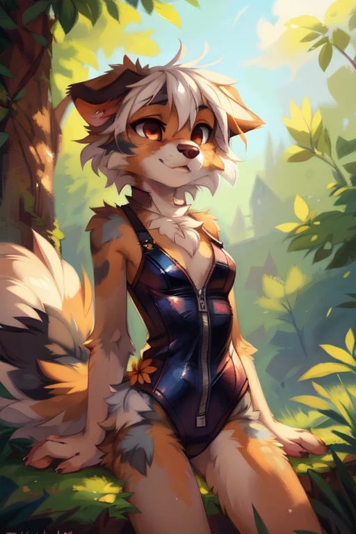High quality, 8K, by kenket, by swaybat, by reysi, by Zackary911, by hyattlen, by teranen, by fumiko, by Pixelsketcher, by Bayard Wu, by Einshelm, by Kilinah, by Hioshiru, by fluff-kevlar, by Dimwitdog, Furry, Anthro, solo, ((australian shepard)), ((female)), (), ((young)), ((fluffy tail)), floppy ears, ears down, short white hair, breasts, short, chest fluff, ribs, leotard, embroidery, crotch zipper, crotch close up
