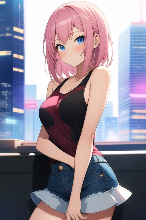 create an anime girl in a short denim skirt and a pink tank top 21 years old in an urban landscape