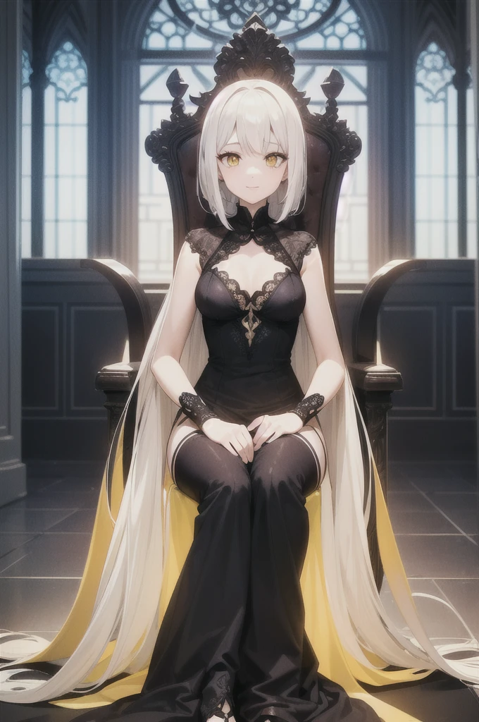 (work of art:1.2), best qualityer, (illustration:1.2), (ultra detali), hyper details, (delicate detailed), (details Intricate), (cinematic light, best qualityer Backlights), clear line, from low, soloist, perfectbody, (1 girl), white hair and yellow eyes, (emperor, clothing transparent), (tails: 1.1), sitting in the throne, ssmile, (shy: 1.2 ), (make up), hight contrast, (better lighting, an extremely created and beautiful), (cinematic light), colorfully