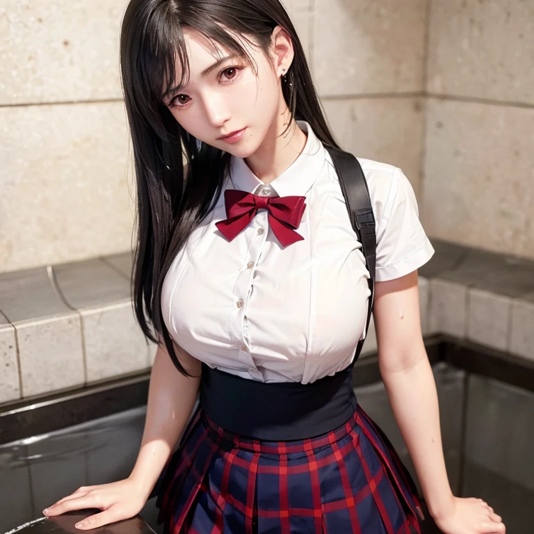 (masterpiece, best quality:1.2), in the bath , wet clothes, soaked, wet hair, wet skin, translucent, glistening with oil , dishevelled , solo, 1girl, school girl uniform , steam , plaid skirt , pleated skirt , The shirt is tight. , white shirt , school girl , red bow , red knot , highly detailed photo of Tifa Lockhart , red eyes, intricate, highres, 8k, detailed hair , wet and sweaty , wet white shirt , clothes were so wet that her breasts could be seen , Nipples can be seen through , Soak in water ,