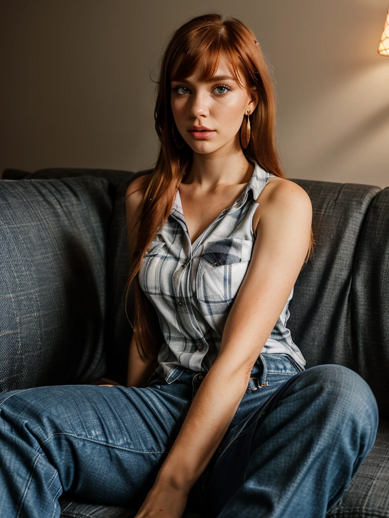 25-year-old woman with European facial features, (((ginger shoulder-length hair))), bangs, makeup, earrings and jewelry, eyelashes, (((Checkered shirt))), large breasts, jeans, sitting on the sofa, looking at the viewer , darkened room