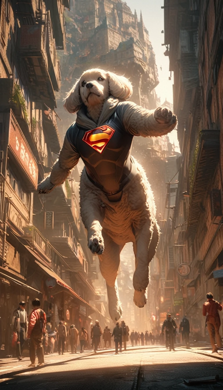 Low angle view，look up，A dog dressed as Superman flies over a city，Canon EOS R5，Photo Effects，Graininess，Luminous effect，Super Fine，Ultra-realistic，Realistic light and shadow contrast，True Ray Tracing，True Light Attenuation，True Light Reflection，poodle punk，Snapshot aesthetic style ， High saturation，CG Art，  Beautiful anime scene, Anime scenery, Detailed landscape, , Highlight details