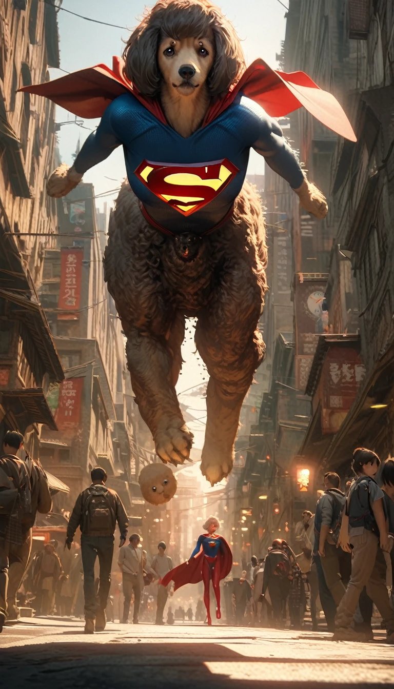 Low angle view，look up，A dog dressed as Superman flies over a city，Canon EOS R5，Photo Effects，Graininess，Luminous effect，Super Fine，Ultra-realistic，Realistic light and shadow contrast，True Ray Tracing，True Light Attenuation，True Light Reflection，poodle punk，Snapshot aesthetic style ， High saturation，CG Art，  Beautiful anime scene, Anime scenery, Detailed landscape, , Highlight details