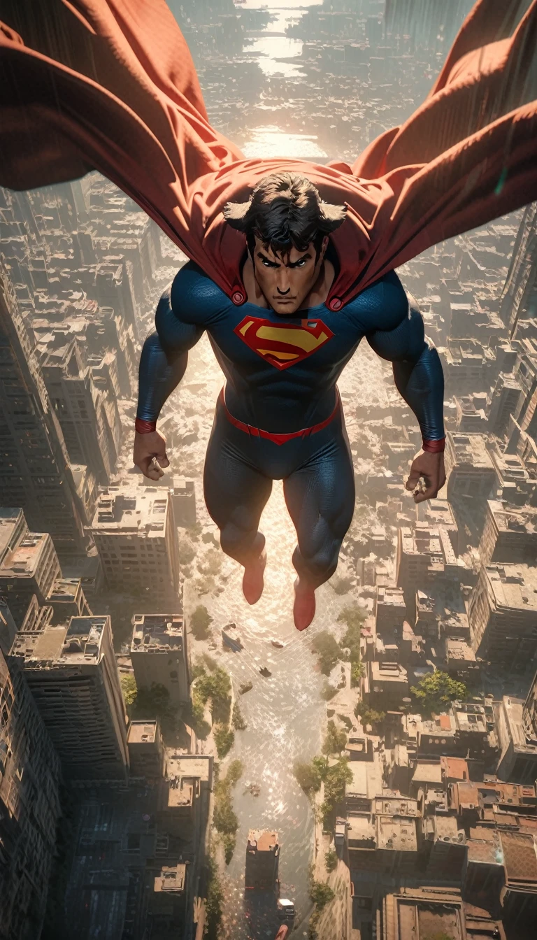 Low angle view,look up,A dog dressed as Superman flies over a city,Canon EOS R5,Photo Effects,Graininess,Luminous effect,Super Fine,Ultra-realistic,Realistic light and shadow contrast,True Ray Tracing,True Light Attenuation,True Light Reflection,poodle punk,Snapshot aesthetic style , High saturation,CG Art, Beautiful anime scene, Anime scenery, Detailed landscape, , Highlight details