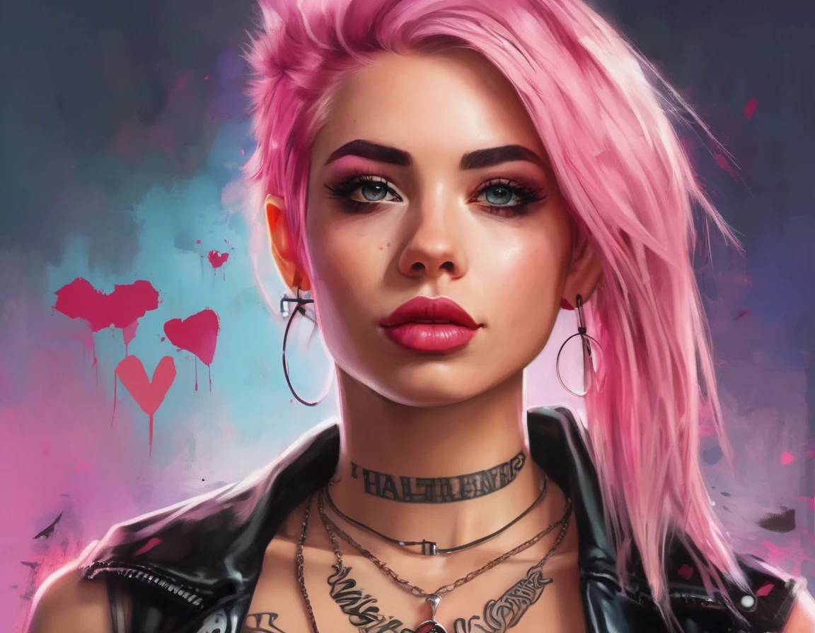 Young adult woman 22 years realistic, sexy with medium tits, modern punk style similar to harley queen, with long blonde and a little pink hair, with a broken heart tattoo on the neckline for the profile image