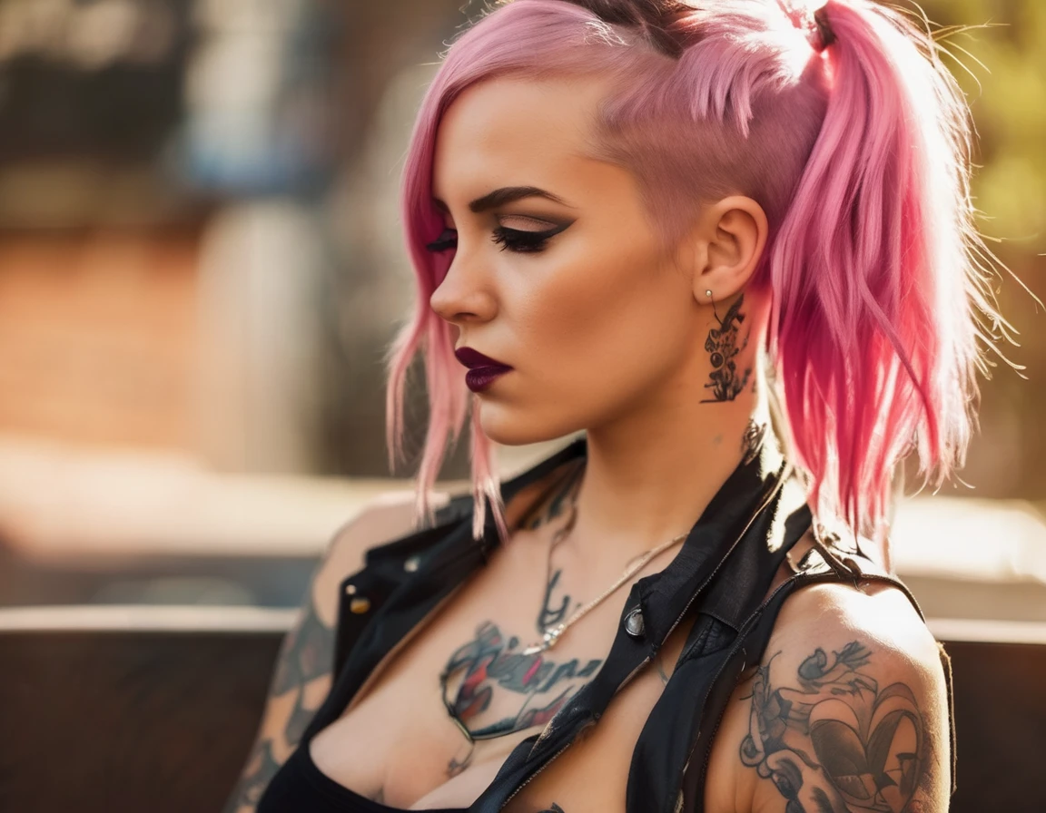 Young adult woman 22 years realistic, sexy with medium tits, modern punk style similar to harley queen, with long blonde and a little pink hair, with a broken heart tattoo on the neckline for the profile image