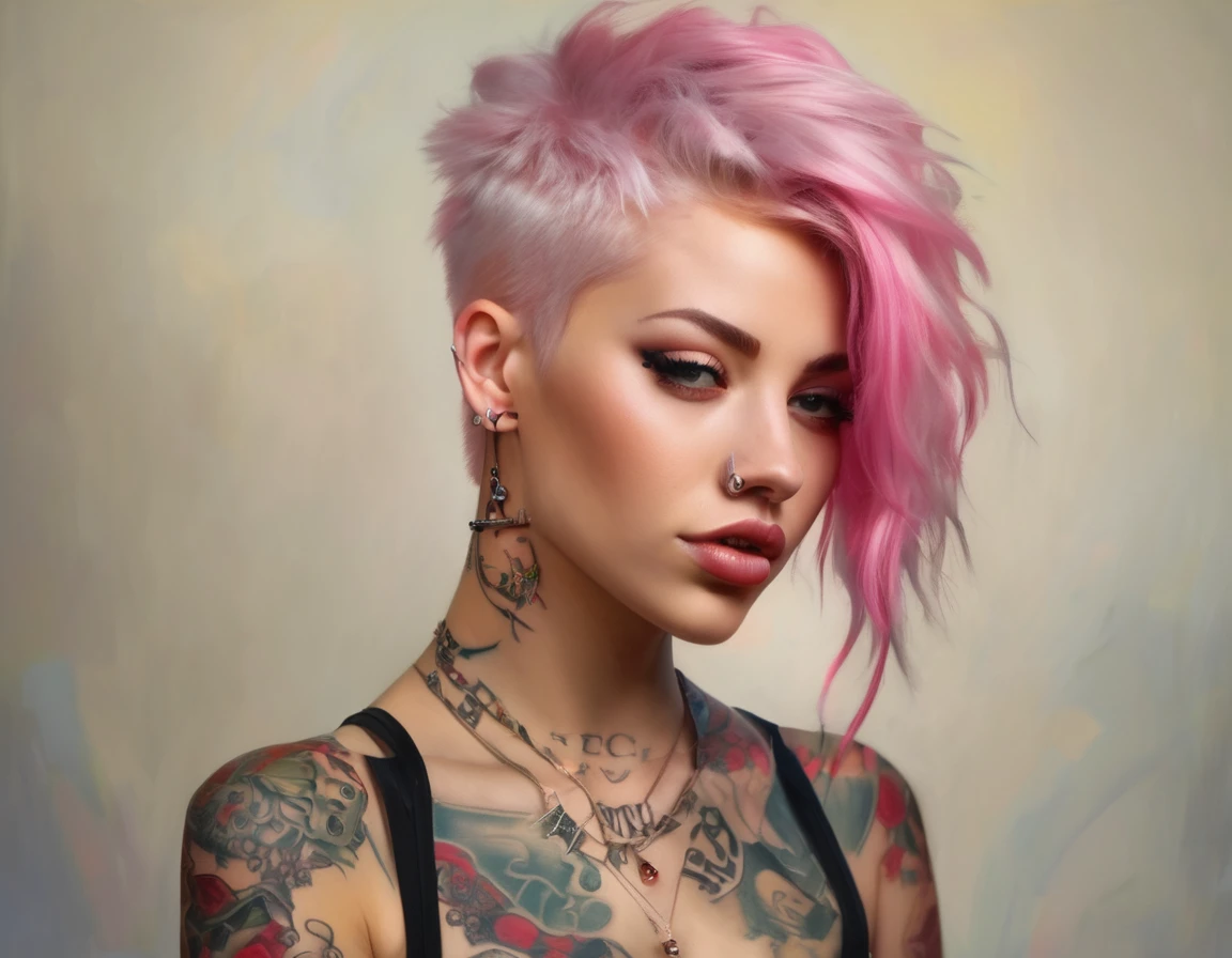 Young adult woman 22 years realistic, sexy with medium tits, modern punk style similar to harley queen, with long blonde and a little pink hair, with a broken heart tattoo on the neckline for the profile image