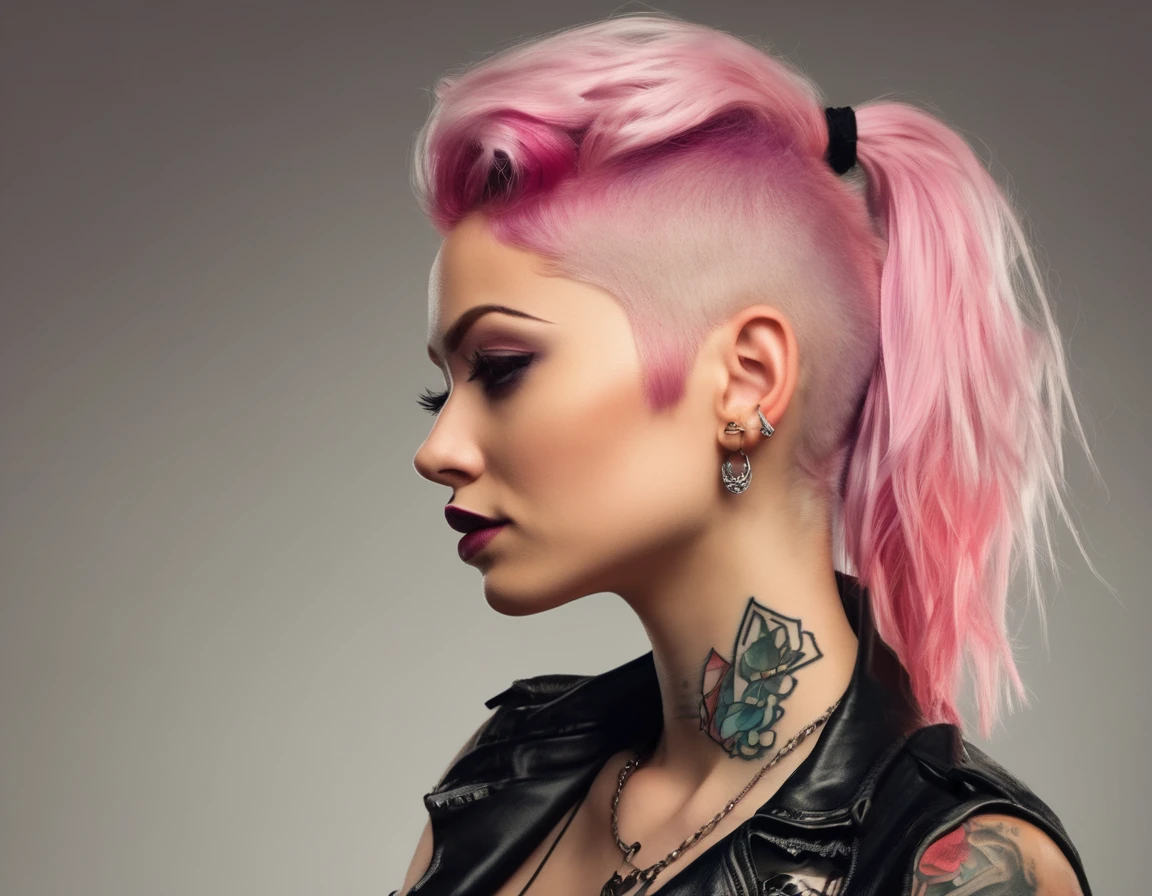 Young adult woman 22 years realistic, sexy with medium tits, modern punk style similar to harley queen, with long blonde and a little pink hair, with a broken heart tattoo on the neckline for the profile image