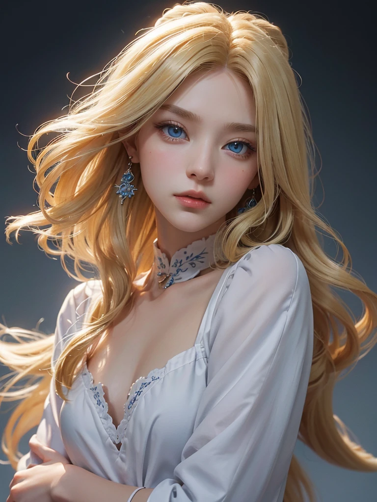 A beautiful woman and she has long, blonde hair with blue eyes and she has white skin and a small nose shaped like a dragon. 