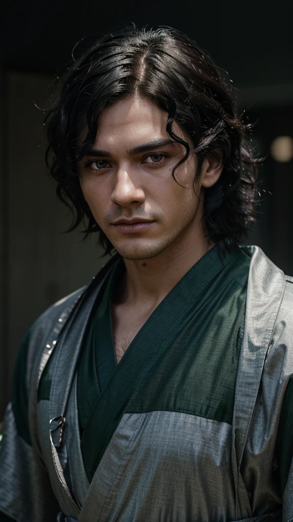1 male character, 25 years old, vibrant green eyes, short jet black curly hair with a middle part, scar on right eye, no kimono, silver metal fans, slight profile view, highly detailed face, anime style, hyperrealistic, 8k, intricate details, dramatic lighting, vivid colors, moody atmosphere
