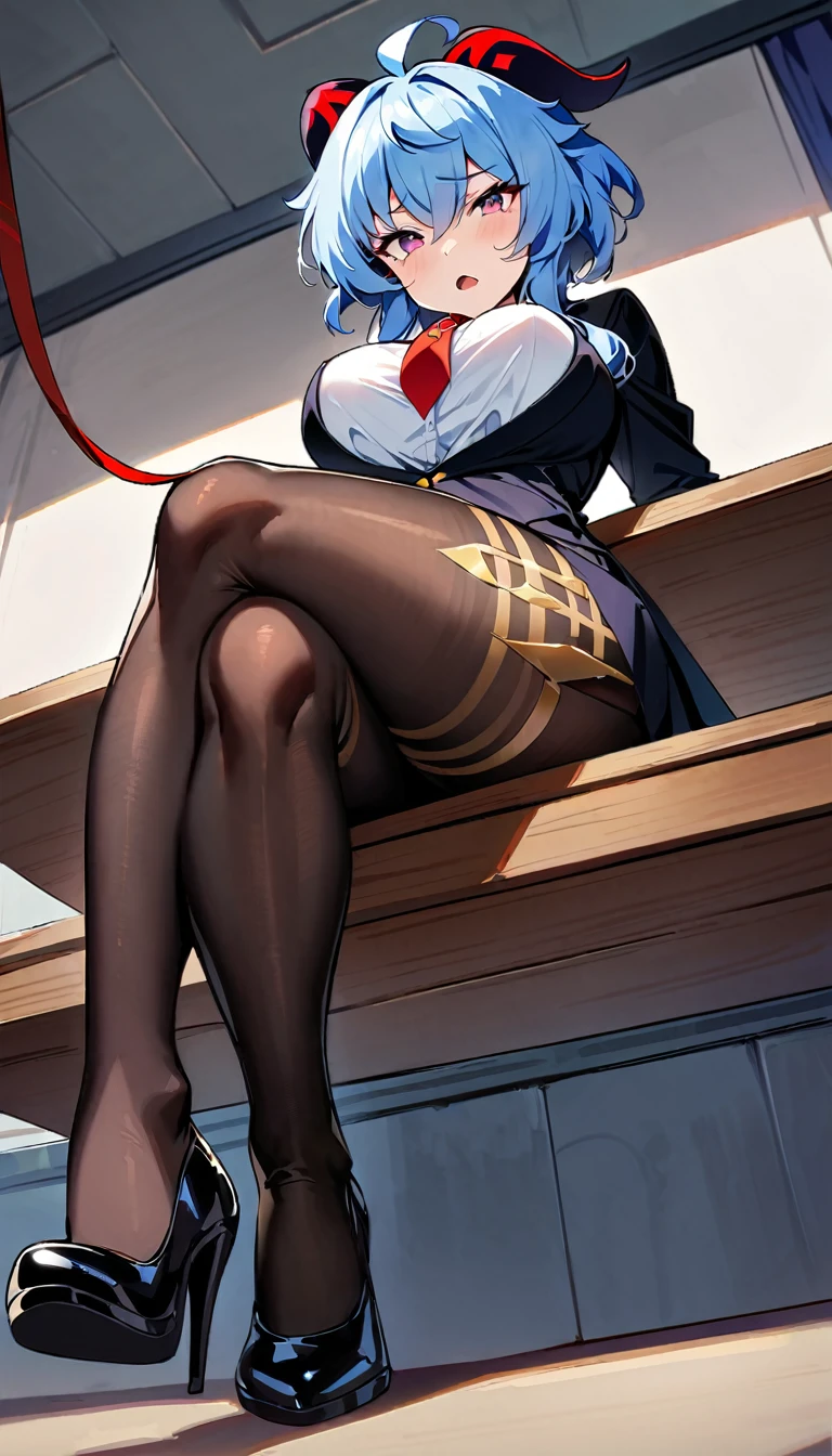 Ganyu,sitting on desk, sitting on desk,fullbody,crossed legs, large breasts,hold leash in hand, looking at viewer,mockng view,high res,high quality, masterpiece ,black tight black skirt, white shirt, black jacket,black heels, black pantyhose , pantyhose with golden lines, classroom,sfw,hold leash in hand, cold look, dominating look,look from below, acting like mistress ,carrying leash, golden lines on her pantyhose,ganyu pantyhose, evil smirk,rape expression, serious expression ,offer leg for viewer,huge thights,open mouth,evil look,detailed black shiny heels,red tie, rolling eyes