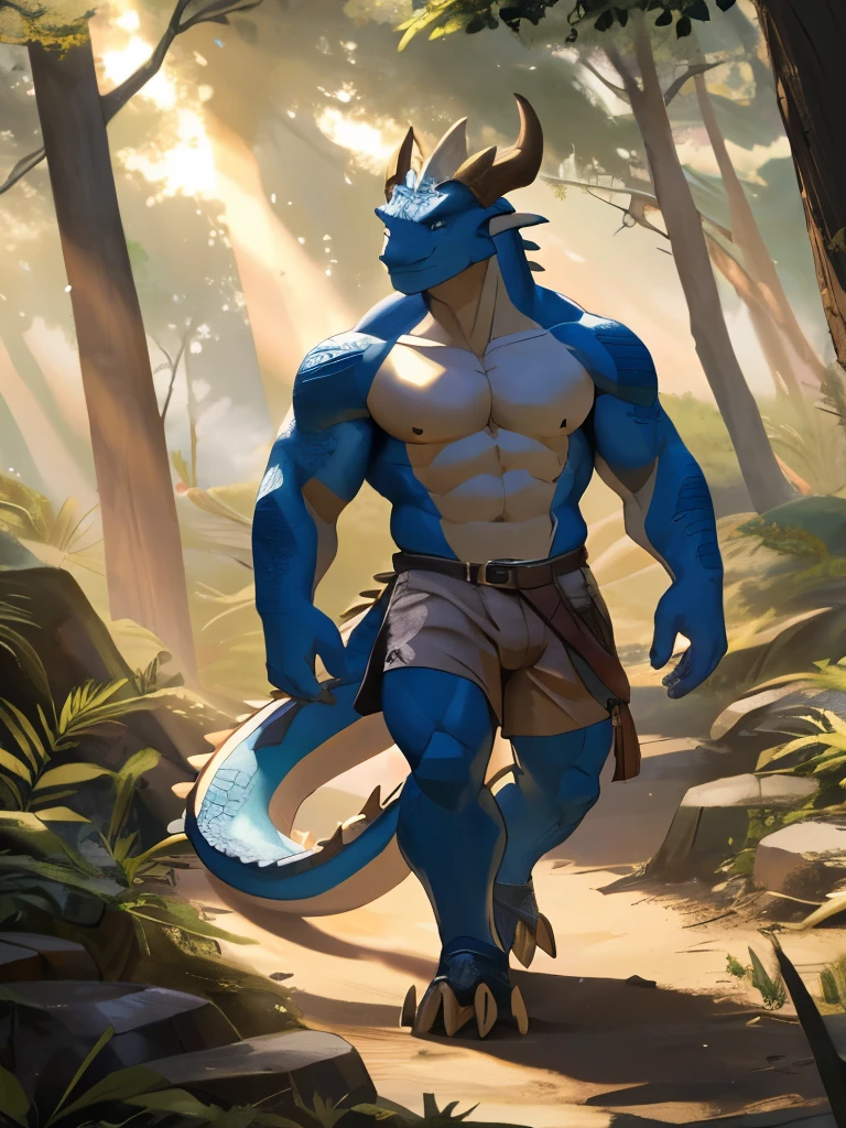 (best quality,4K,8K,high resolution,masterpiece:1.2),Extremely detailed,(Practical,photoPractical,photo-Practical:1.37),Huge muscular hairy dragon,Longhorn,Sharp claws,Bright blue scales,Shirtless,No shorts,No clothing,Standing in the lush forest,Sunlight shines through the dense foliage,Cast dappled shadows on the ground,Dust particles floating in the air,The golden light illuminates the dragon's strong and powerful physique,Sweat gleams on tight muscles,Facial expressions that show determination and confidence,With a twinkle of adventure in the eyes,Large nipples