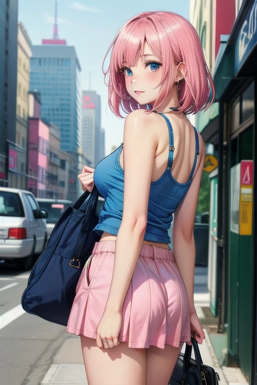 create an anime girl in a short denim skirt and a 21-year-old pink tank top in a cityscape