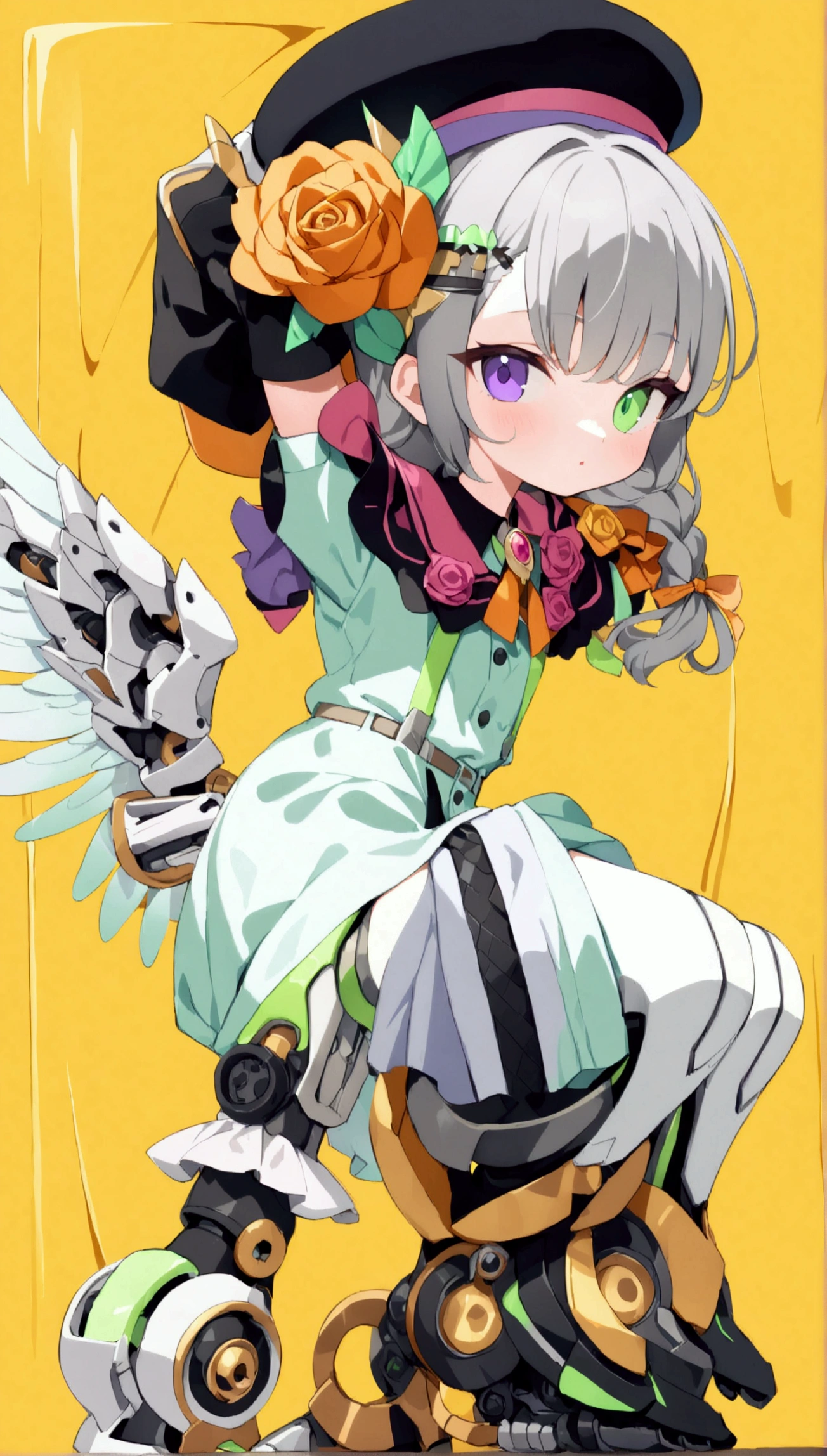 woman 165cm tall, slim build, , charming look, ((heterocromia: ojo right naranja y ojo izquierdo violeta)), (Shoulder Length Wavy Gray Hair, short braid on the left side of the hair: 1.2, big open bangs, golden gear hairpin on the left side of the hair), (((complex mechanical legs up to the hip, The legs are black with gray parts and small pink details))), (((complex mechanical arms up to the elbows, The arms are black with gray parts and small pink details))), ((complex white mechanical angel wings with pastel green parts)), (elegant black French beret with an orange rose ribbon: 1.2), (stylish white short sleeve button down shirt, dark brown shorts with straps from the waist, elegant black belt, small rose brooch on shirt collar, beautiful mechanical stilettos), (((character design: 1.5))), ((Pastel yellow background)), extremely detailed hair, beautiful detailed clothing, extremely detailed arms, extremely detailed face, (Extremely detailed hands), perfect hands, beautiful detailed eyes, beautiful detailed lips, adorable, extremely detailed legs, (Best Quality, 8k, ultra resolution), ultra detailed, Exquisite and epic character art, (Focus on symmetry), (extremely detailed wings), (body position: standing, right, symmetrical), looking at the viewer, (whole body: 1.5).