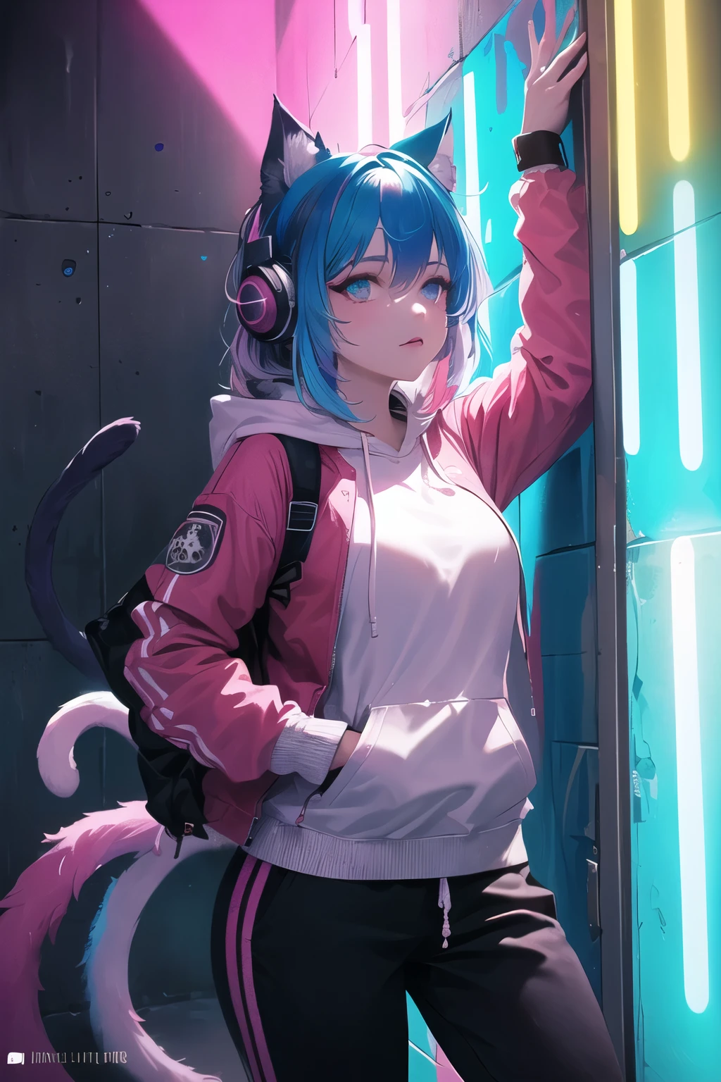 (Masterpiece:1.2), best quality, (illustration:1.2), (ultra-detailed),Eye focus,(Masterfully crafted Glow, pink lens flare), (Cinematic background), hyper details,(delicate detailed), (intricate details), octane render, hdr, (hyperdetailed:1.15), (((colourful))),(soft light:1.2), 1girl,(lynx ears:1.3) , (lynx girl), (cat tail:1.5), beautiful girl, ultra detailed eyes, , plump, thick, rainbow painting drops, paint teardrops, woman made up from paint, entirely paint, splat, splash, (outside), (bioluminescent hair:1.5),(glowing eyes:1.2), ((makeup)),(Cinematic masterpiece), fiercerful, splashes of colour absolutely eye-catching, (Cinematic headlight), (realistic bounce lighting:1.2),((caustic)), dynamic angle, beautiful detailed glow, ambient occlusion, ambient light, raytraced reflections,(best illumination, an extremely delicate and beautiful), ((cinematic light)), (soft:2), (whimsical:2) , intricate background, vibrant, dreamscape, (painting graffiti:1.3), (glowing tail), (painted city landscape), (Urban),(realistic urban fashion), (expressive:1.2), good form, athletic , (mirrored world), (long flowing black hair:1.1), wavy hair, (colourful hair highlights),(Cyberpunk Techwear Japanese Streetwear Longline Hoodie),(Cyberpunk Streetwear Kanji Joggers), glowing headphones, beanie, (graffiti wall), unfinished graffiti, ghetto,(looking at wall:2),black hoodie, (backwall present),(holding spraycan:1.3), (colourful mist), buckles, belts, straps, a girl standing in front of a graffiti wall, cyberpunk art, (by LAM), Mika Pikazo, graffiti, techwear jacket, black gloves, with buckle and tape, (blue and pink hair),(Dual colour hair:2),(Blue hair),