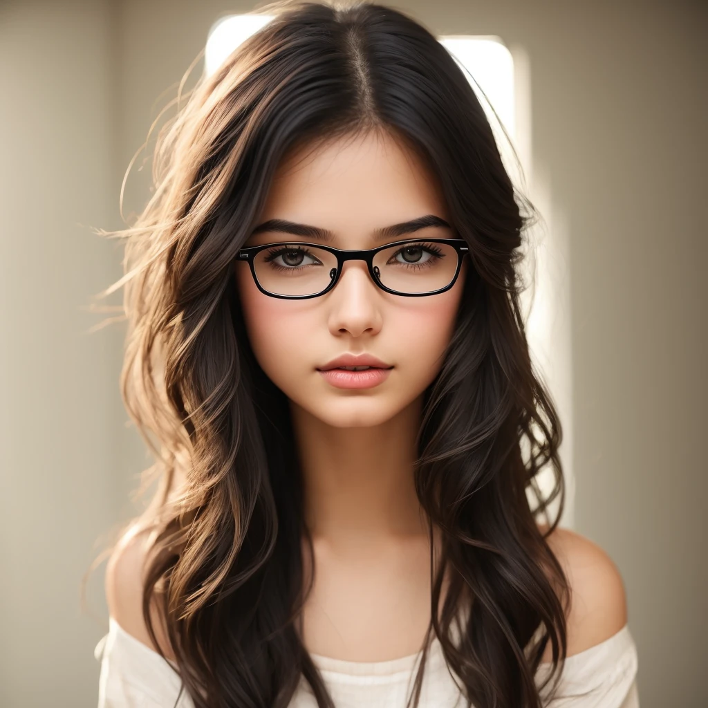 Create image of a woman facing directly forward. She has pale skin and large dark brown eyes magnified slightly by black-rimmed glasses with a subtle cat-eye shape. Her long, wavy hair is black with a fringe that neatly frames her face and rests just above her eyes. She wears red lipstick, and her cheeks are tinged with a hint of natural pink blush. She's dressed in an olive green top with a scoop neckline, exposing a touch of her collarbones. On her left shoulder, a glimpse of a tattoo can be seen, featuring small, possibly floral, black patterns. The lighting is soft and diffused, casting gentle shadows and highlights upon her face, accentuating her features without harsh contrasts. The background is a neutral, muted tone, ensuring that the focus rests solely on her. Her expression is neutral yet engaging, with a softness in her eyes that conveys a serene demeanor. Her proportions are balanced with a slight tilt of her head adding an approachable aspect to her pose. This image is a portrait of subtlety and clarity, capturing the intersection of natural beauty, simple elegance, and understated style.