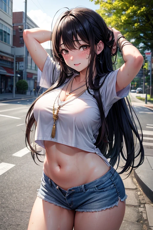 Kaori, Single model, solo, half Asian, half Latino, very long straight black hair, freckles, blushing, wet eyes, long chain pendant, very large heavy breasts, chubby, belly, stretchmarks, high-school uniform