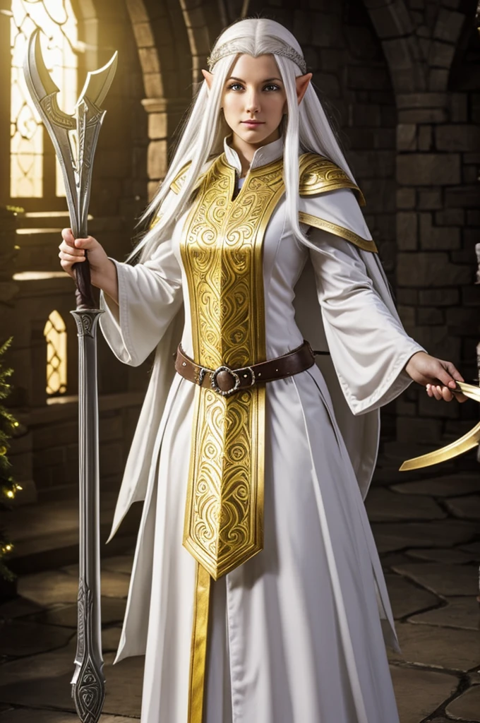 White haired elf with dark hair, yellow eyes and a cleric outfit