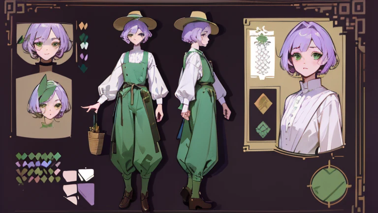 (Masterpiece, best quality), detailed, 1 gardener woman, ((character concept art)), ((character design sheet, reference sheet, same character, front, side, back)), full body, body complete, 1 gardener female, 1 gardener women. Character design sheet full body, Highly detailed, character sheet, character design, Many parts, pale skin, green eyes, short purple hair, male hairstyle, short male hair, lavender flower, lavender flower reference, lavender flower character reference, lavender flower inspired, flat chest, garden hat, gardening hat, pants, Ecofashion, Ecopunk, Ecology, Earthy clothing, gardening clothing, gardening, garden, Solarpunk, Solarpunk reference, Solarpunk inspired, cottagecore aesthetic, cottagecore, pants, gold details, pastel purple, green and brown color palette for the clothes.