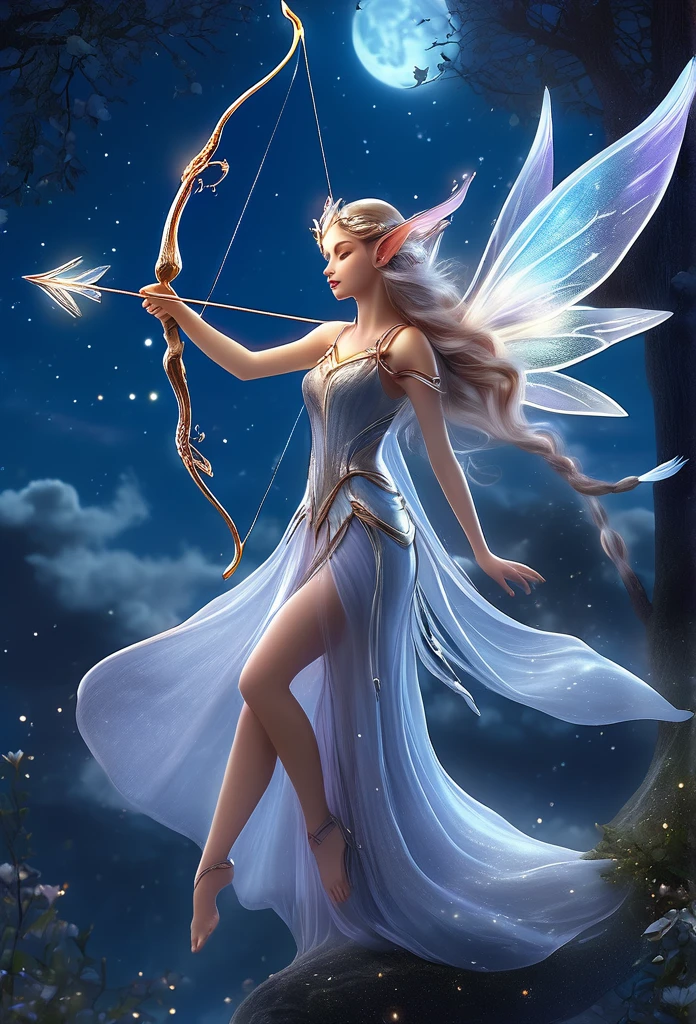 under a wonderful moonlight,clouds,stars,a beautiful fairy(((full body )))ethereal,translucent wings,long elf ear,gracefully shoots an arrow,beautiful fairy,long hair,short flowing dress,best quality,hyper detailed ,perfect anatomy, fantasy illustration,work of art,charming scenery,delicate,extraordinary beauty.