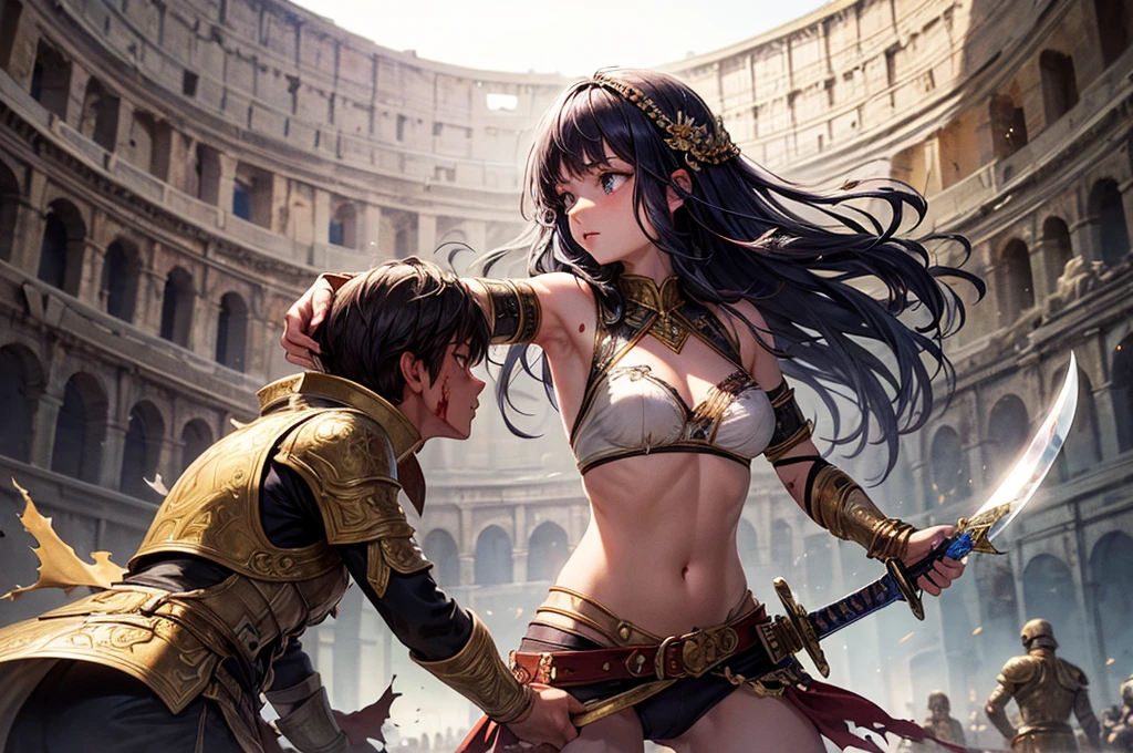 (((masterpiece))), (((best quality))), ((ultra-detailed)), (illustration), (an extremely delicate and beautiful), 1 girl, Colosseum, Sword slave, slave, fight, Hemp clothing, blood, (torn clothes:1.1)