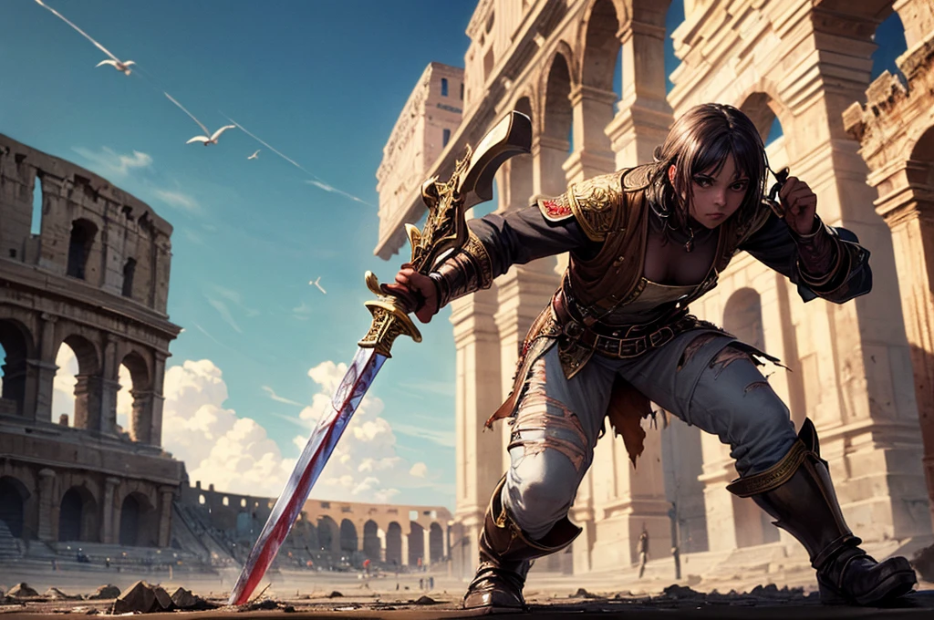 (((masterpiece))), (((best quality))), ((ultra-detailed)), (illustration), (an extremely delicate and beautiful), 1 girl, Colosseum, Sword slave, slave, fight, Hemp clothing, blood, (torn clothes:1.1)