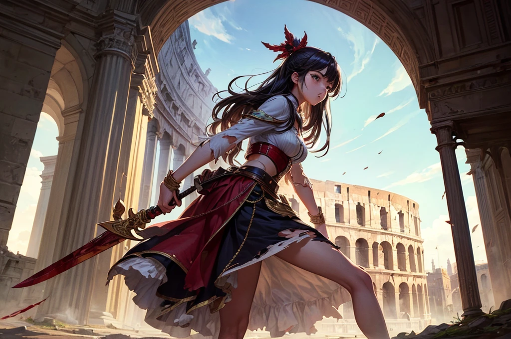 (((masterpiece))), (((best quality))), ((ultra-detailed)), (illustration), (an extremely delicate and beautiful), 1 girl, Colosseum, Sword slave, slave, fight, Hemp clothing, blood, (torn clothes:1.1)