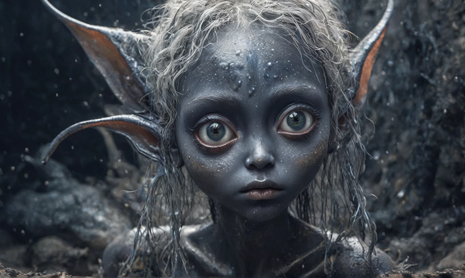 pretty face,eyebrow up,full body length shot,obsidian elf,full body length shot,very beggar niobium graphite The Alien Entity, babychild, wants eat,full body shot, of psychedelic style ,The iris looks weird, attractive, The stars in space is reflected in the pupil, goose down eyelashes, long wavy luminescent hair,insane baggy clothes,view from height,full-body-shot,High contrast,Masterpiece,Realistic,Ultra Detailed,intricate details,realistic humid skin,extremly intricate,realism,photorealism, cinematic style,irina yermolova,HDR,((Wangechi Quality)),ominous landscape,glate gray atmosphere,by art Simon Stalenhag,Nicola Samori,(((Wangechi Mutu))),prime colors,urban,extremely detailed,masterpiece,intricate details,faded,eyes extremely detailed, high detailed eyes,4k resolution,RAW, Nikon Z9,scary town,stalker,goblin,Dubai of United Arab Emirates,Mestichino,Light particles,marble leather ,ink photography ,Mestichino,Light particles,chaos