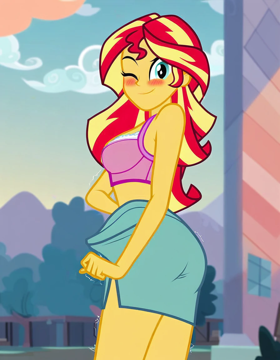explicit, solo, bra, sunset_shimmer, standing_backwards, cute, cute face, awww, butt, bend down, equestria_girls, breasts, clothes, female, big_tits, looking at you, strip club, skirt, skirt lift, offscreen character, cartoon, panties, male_pov, twitching, briefs, unzipping, open fly, wink, blushing, smiling, show accurate, vector, male_pov, bulge_pov, offscreen character, lower_body_male