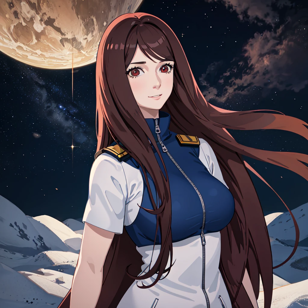 1 adult woman, 29 years old, straight hair, brown hair, red eyes,Looking at the viewer, astronaut uniform,slight smile, standing in the park, big breasts,half body photo
