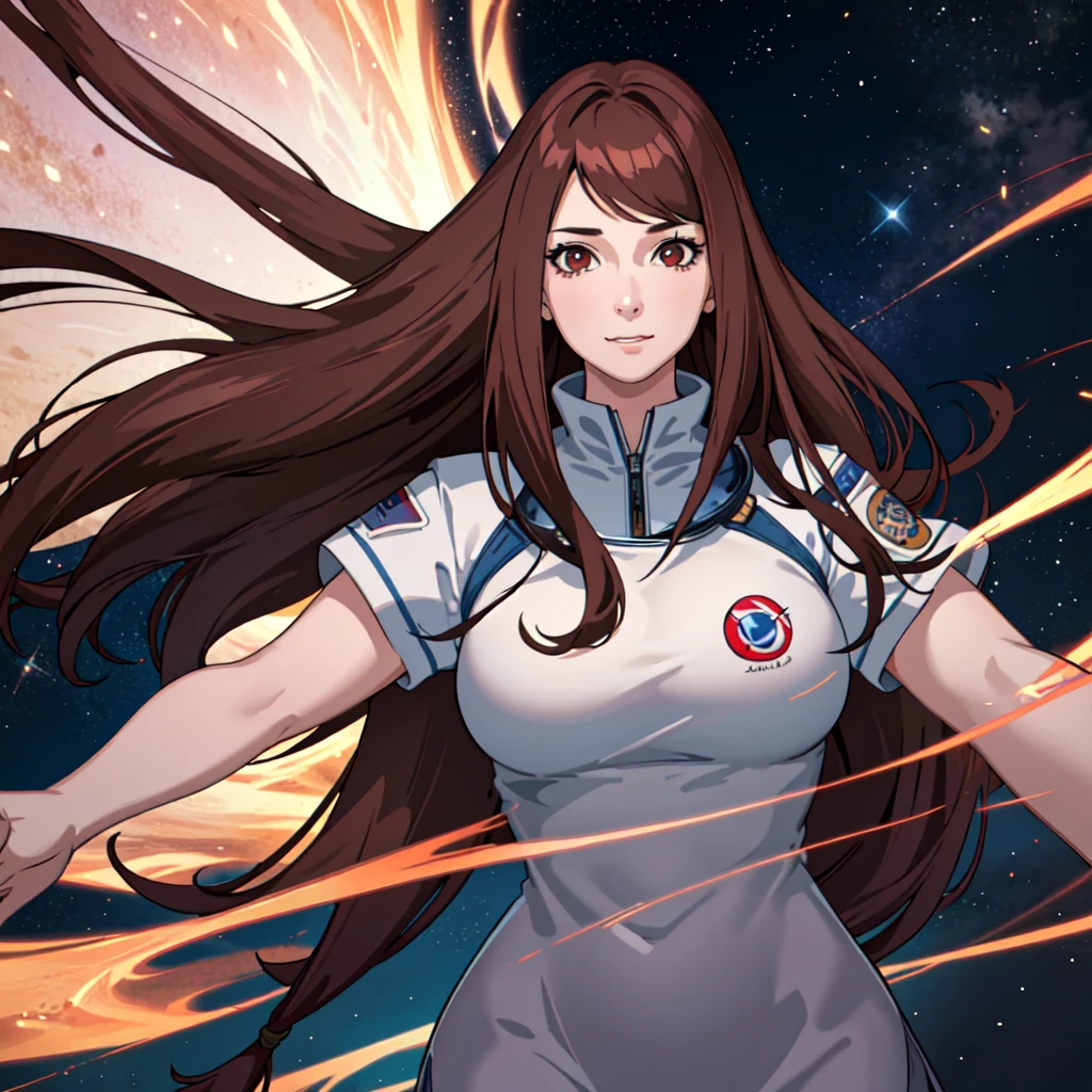 1 adult woman, 29 years old, straight hair, brown hair, red eyes,Looking at the viewer, astronaut uniform,slight smile, standing in the park, big breasts,half body photo