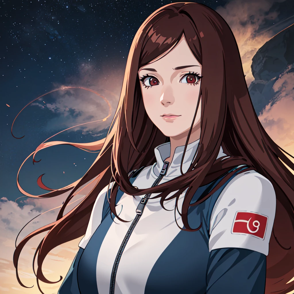 1 adult woman, 29 years old, straight hair, brown hair, red eyes,Looking at the viewer, astronaut uniform,slight smile, standing in the park, big breasts,half body photo