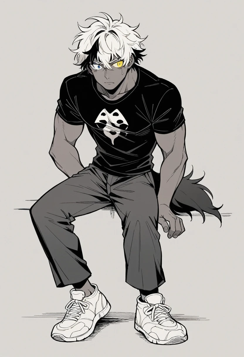 It has a black shirt with silver details, a black hunt, and black and white sneakers ,yellow and black eyes heterochromia, idiotic expression, Messy hair , Medium length hair , 1 Men , black and white hair more black than white , two tone hair , dark skin color has, with a white wolf with traces of the vagabond manga