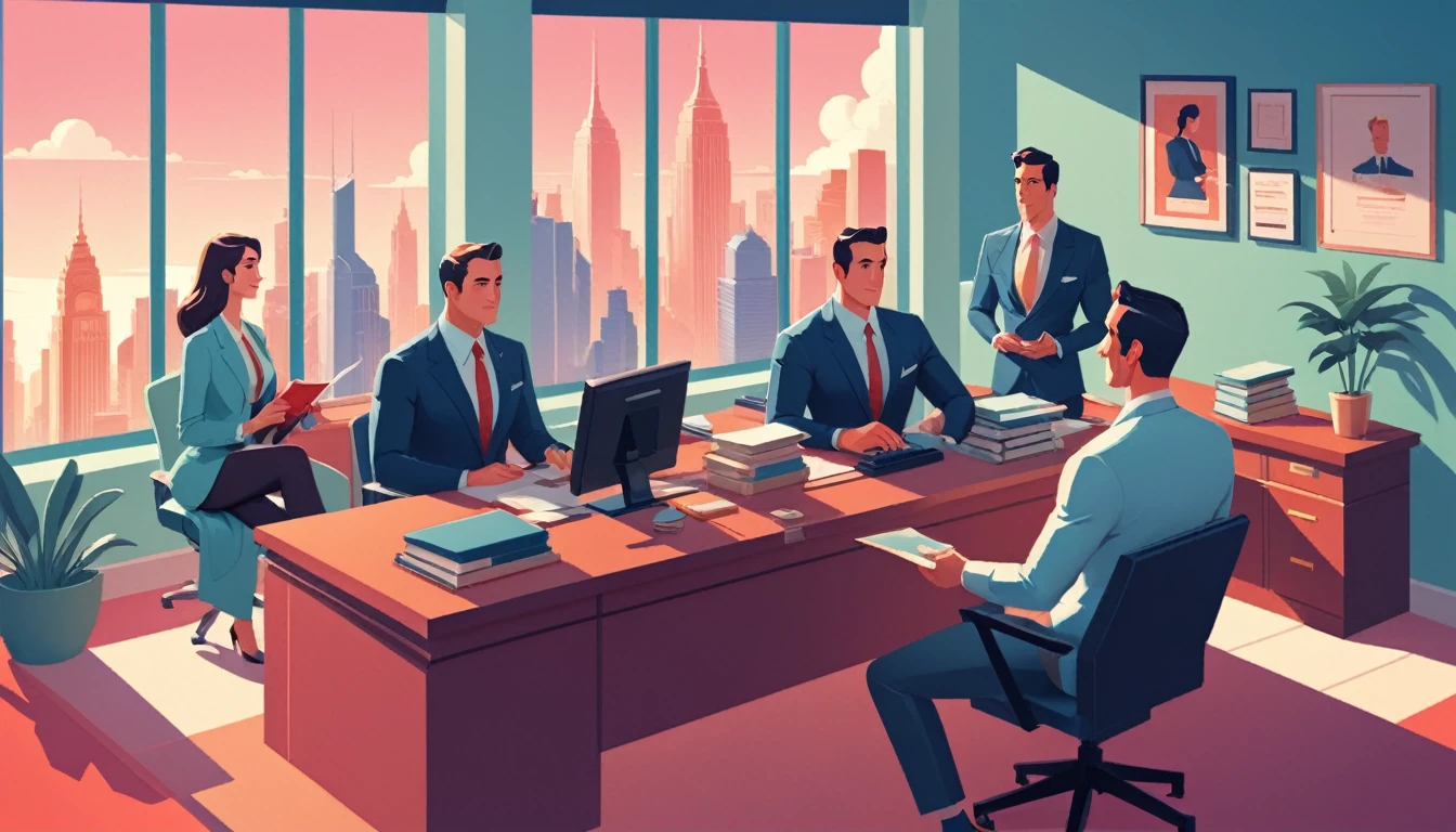 isometric style in the style of James Gilleard a man, lawyer and some happy clients, sitting at a desk in the office, law office, enjoying case victory, in style of james gilleard, digital illustration -, atey ghailan 8 k, stylized digital illustration, flat illustration, in style of atey ghailan, detailed 2d illustration, james gilleard artwork, by Atey Ghailan, by James Gilleard, jen bartel, in style of digital illustration,(Provia:1.3) . vibrant, beautiful, crisp, detailed, ultra detailed, intricate