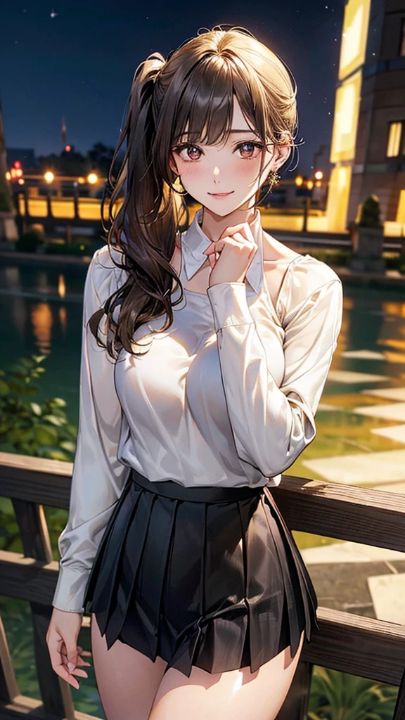 (masterpiece:1.2, top-quality), (realistic, photorealistic:1.4), beautiful illustration, (natural side lighting, movie lighting), 
looking at viewer, cowboy shot, front view, 1 girl, japanese, high school girl, perfect face, cute and symmetrical face, skin tanned, 
(middle hair:1.2, side ponytail:1.2, blond hair), waved hair, blunt bangs, gold eyes, (large breasts:0.6, seductive thighs, big ass), piercings, 
beautiful hair, beautiful face, beautiful detailed eyes, beautiful clavicle, beautiful body, beautiful chest, beautiful thigh, beautiful legs, beautiful fingers, 
((long sleeve white collared shirts, black tube top, black pleated mini skirt)), 
(beautiful scenery), evening, riverside, walking, (lovely smile, upper eyes), 